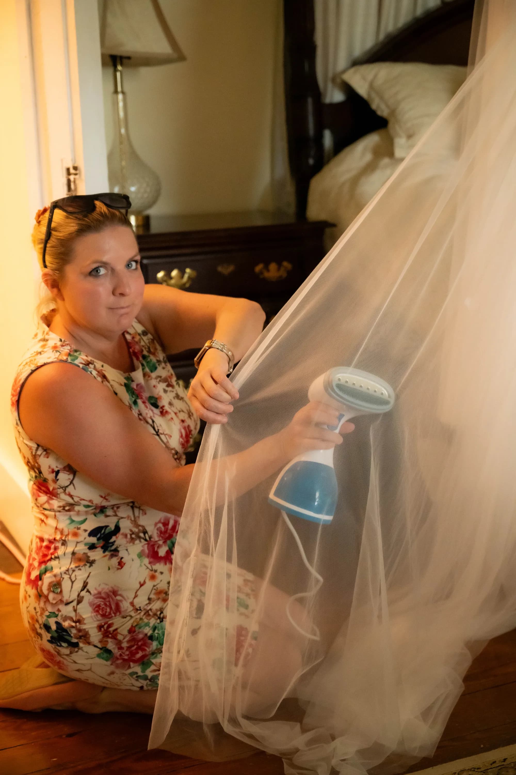 Steaming the bride’s veil